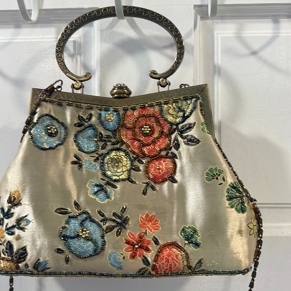 Floral Embroidered Handbag with Metal Handle